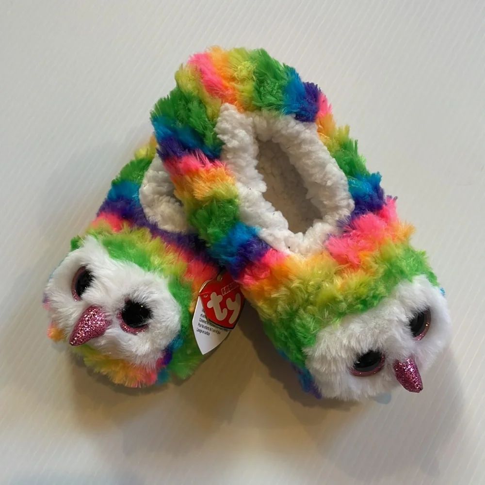 Owl Ty pink, blue, yellow & white fashion slippers - Owen size 4-6